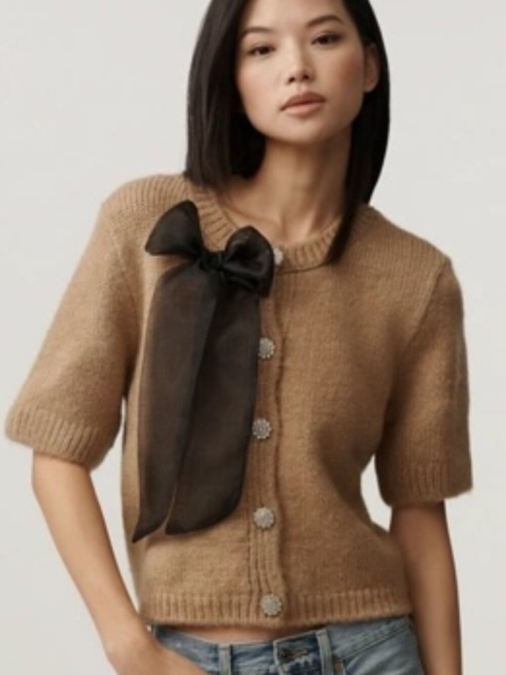 NWT - Maeve Short-Sleeve Bow Cardigan Sweater, Camel, Size S